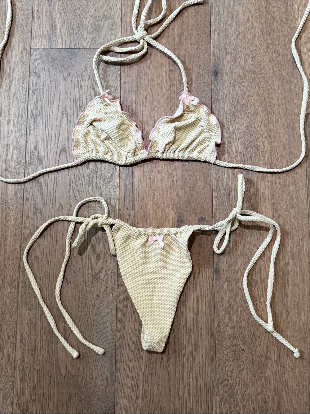 Frankie’s Bikinis- Cream Textured Tie Bikini with Pink Trim
